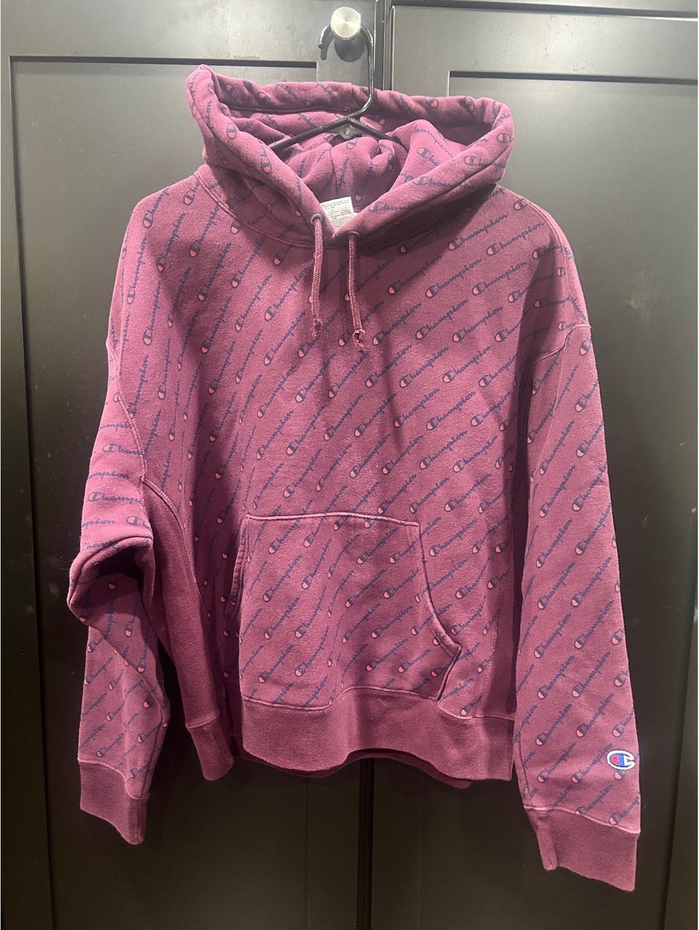 Champion Reverse Weave All-Over Logo Print Hoodie Burgundy XL
